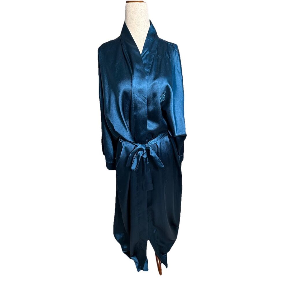 Christian Dior Vintage‎ Women’s Robe Size Large Teal Blue Satin Long Belted - Picture 4 of 10
